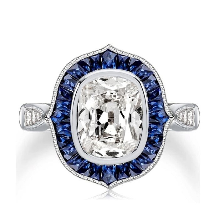 Art Deco Halo Cushion Cut Created Blue Sapphire Engagement Ring