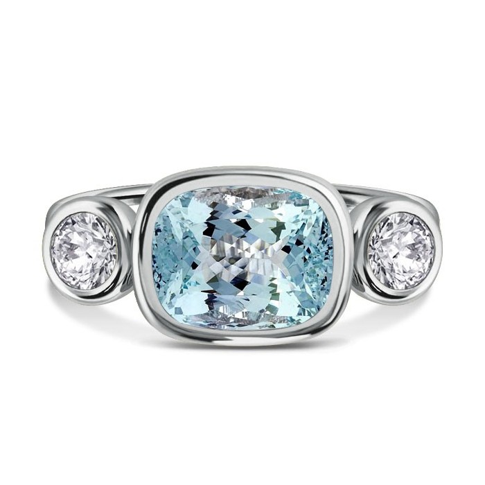 Italo Aquamarine Ring Cushion Cut 3 Stone Engagement Ring