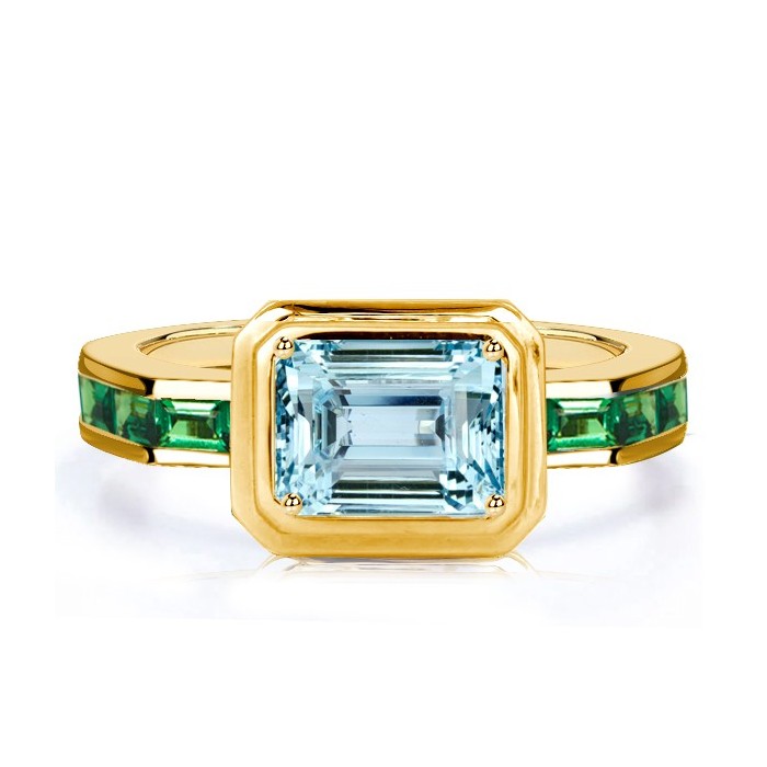 Italo Bezel Aquamarine Ring Emerald Cut Engagement Ring Vintage