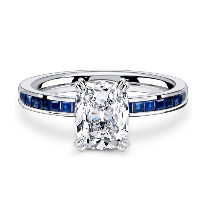 Italo Channel Set Cushion Cut White Sapphire Engagement Rings