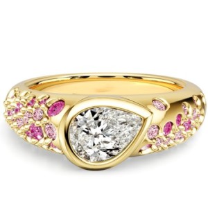 Italo Golden Pear Cut Pink Sapphire Ring Bezel Set Unique Engagement Rings