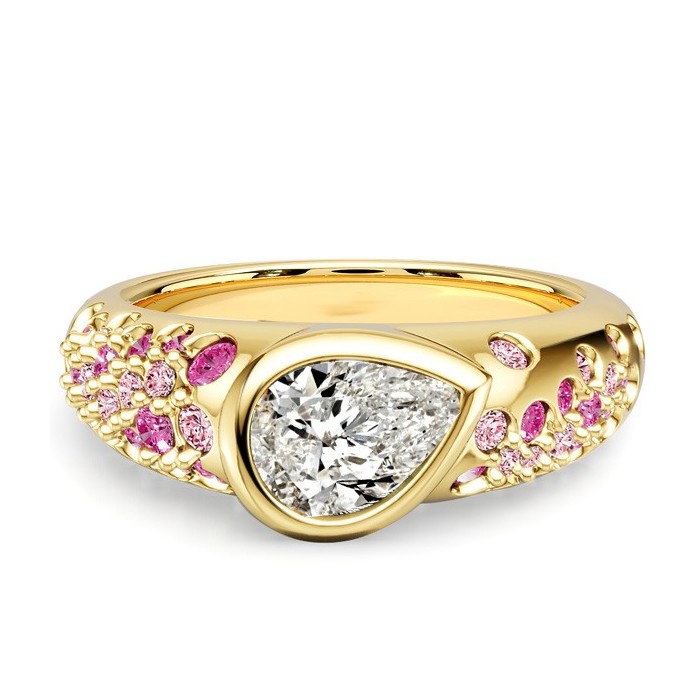 Italo Golden Pear Cut Pink Sapphire Ring Bezel Set Unique Engagement Rings