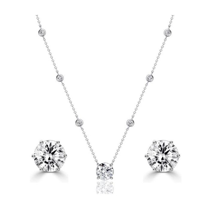 Italo Bezel Setting Round Cut Necklace & Earrings Jewelry Set