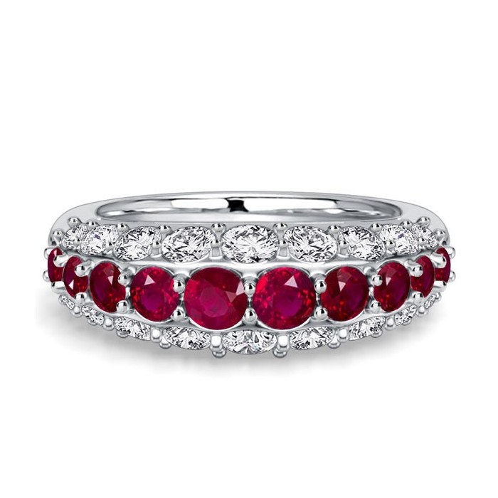 Italo Triple Row Micro Pave White & Ruby Wedding Band For Women Bombé Ring