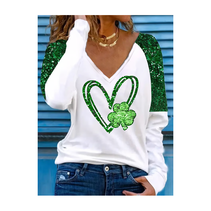 Women's Shamrock Long Sleeve Tee T-shirt V Neck Printing Casual Spring/Fall Top