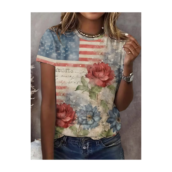 Women Floral Short Sleeve Tee T-shirt Crew Neck Printing Casual Graphic Tee Summer Top