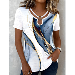 Women Geometric Short Sleeve Tee T-shirt Elegant Summer Top