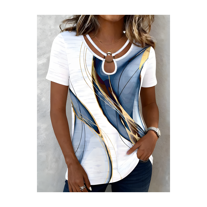 Women Geometric Short Sleeve Tee T-shirt Elegant Summer Top