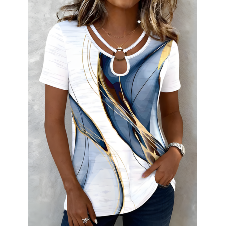 Women Geometric Short Sleeve Tee T-shirt Elegant Summer Top