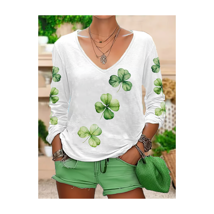 Women's Long Sleeve Tee T-shirt Spring/Fall Shamrock St Patrick's Day Floral V Neck Casual Graphic Tee Top