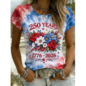 Women Floral Short Sleeve Tee T-shirt Crew Neck Printing Casual Graphic Tee Summer Top