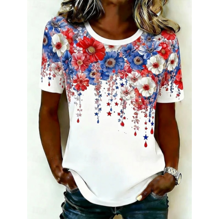 Women Floral Short Sleeve Tee T-shirt Crew Neck Printing Casual Graphic Tee Summer Top