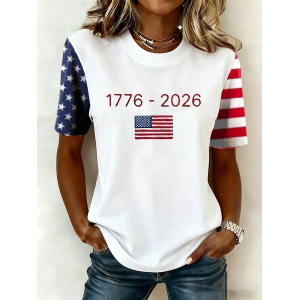 Women Independence Day (Flag) Short Sleeve Tee T-shirt Crew Neck Printing Casual Graphic Tee Summer Top
