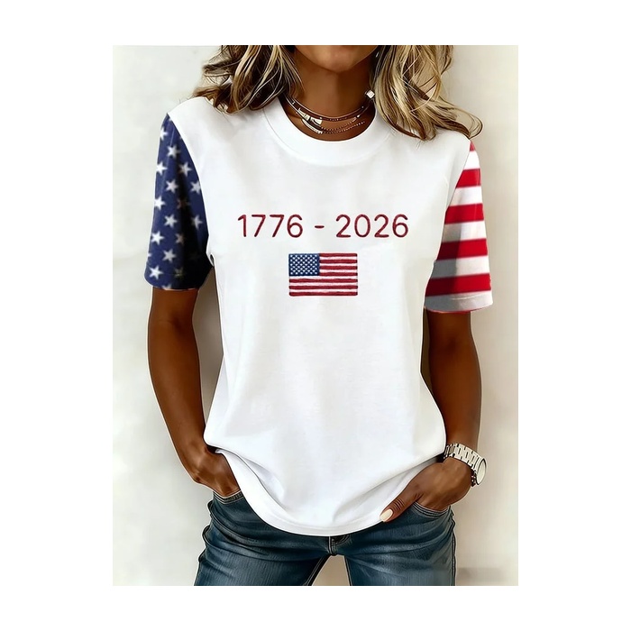 Women Independence Day (Flag) Short Sleeve Tee T-shirt Crew Neck Printing Casual Graphic Tee Summer Top