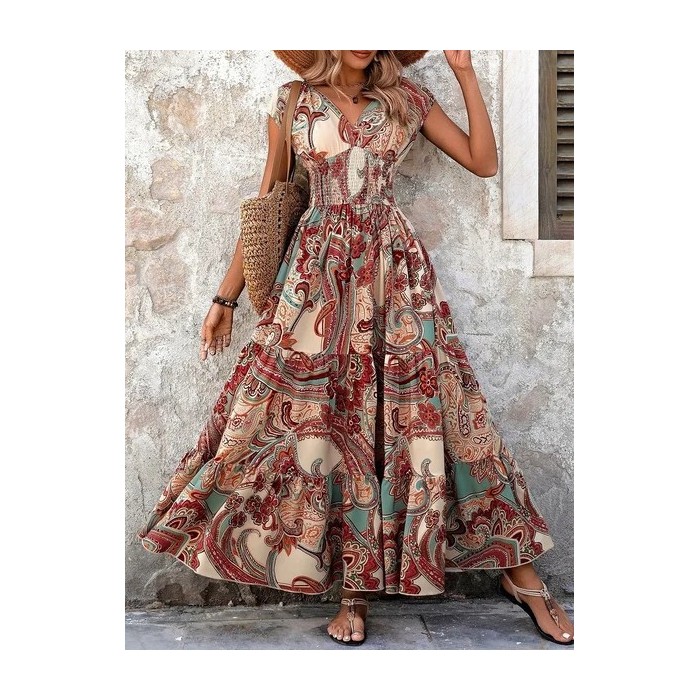 Women Geometric Short Sleeve V Neck Printing Dress Daily Vintage Maxi Fit & Flare Dress A-Line Summer Dress