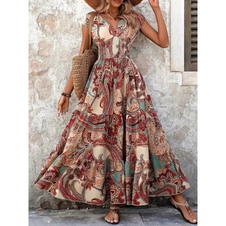Women Geometric Short Sleeve V Neck Printing Dress Daily Vintage Maxi Fit & Flare Dress A-Line Summer Dress