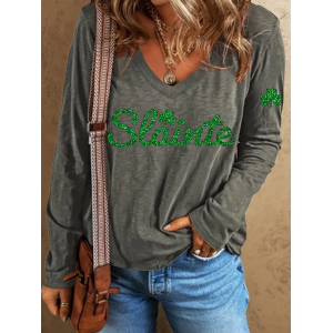 Women's Text Letters Long Sleeve Tee T-shirt V Neck Printing Casual Spring/Fall Top