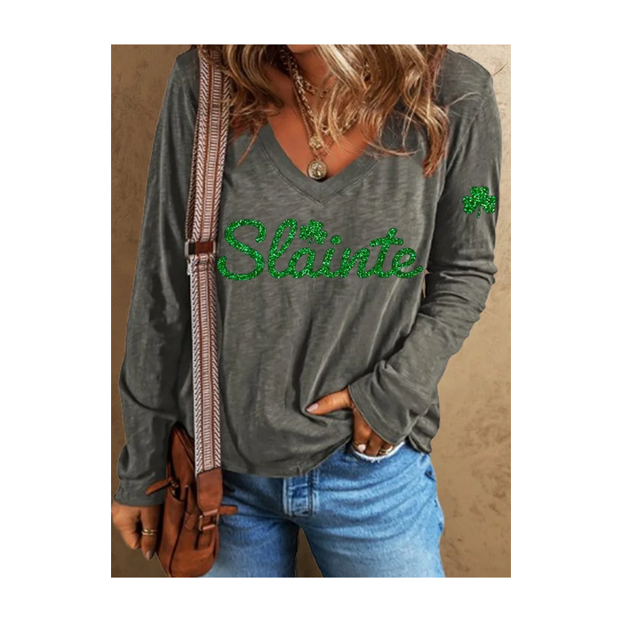 Women's Text Letters Long Sleeve Tee T-shirt V Neck Printing Casual Spring/Fall Top