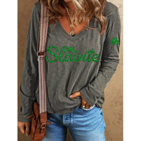 Women's Text Letters Long Sleeve Tee T-shirt V Neck Printing Casual Spring/Fall Top