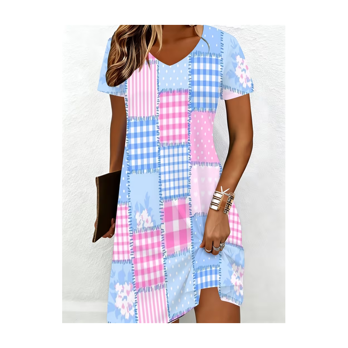 Women Abstract Short Sleeve V Neck Printing Dress Daily Casual Knee Length T-Shirt Dress H-Line Summer Dress