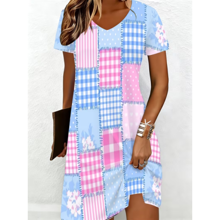 Women Abstract Short Sleeve V Neck Printing Dress Daily Casual Knee Length T-Shirt Dress H-Line Summer Dress