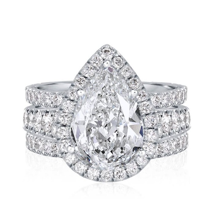 Italo Halo Pear Cut Engagement Rings Sets In Sterling Silver