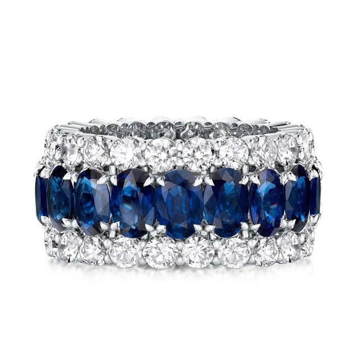 Eternity Triple Row Blue Oval &Round Cut Wedding Band