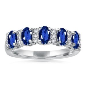 Five Stone Blue Sapphire Oval Cut Half Eternity Wedding Band Ring