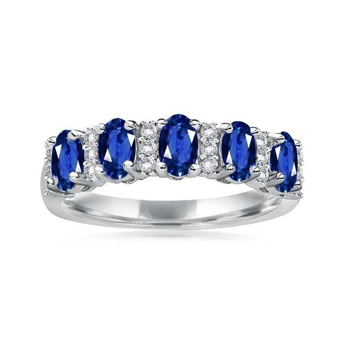 Five Stone Blue Sapphire Oval Cut Half Eternity Wedding Band Ring