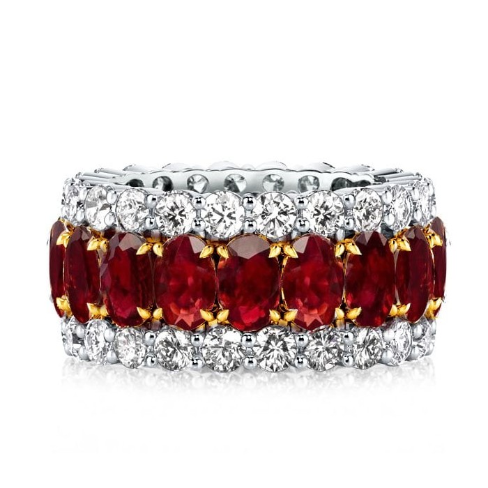 Triple Row Two Tone Oval & Round Garnet Wedding Band
