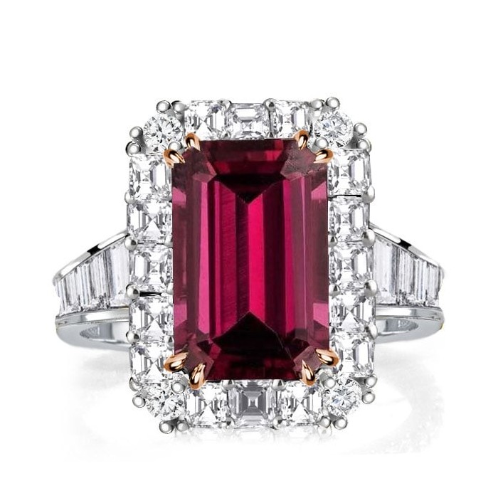 Italo Ruby Ring Halo Two Tone Emerald Cut Engagement Ring