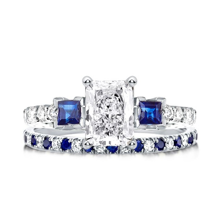 Italo Blue Sapphire Engagement Rings Sets 3 Stone Ring Sets