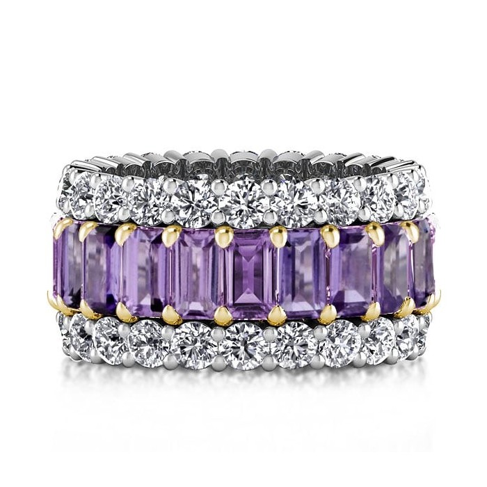 Two Tone Triple Row Eternity Created Amethyst Wedding Band