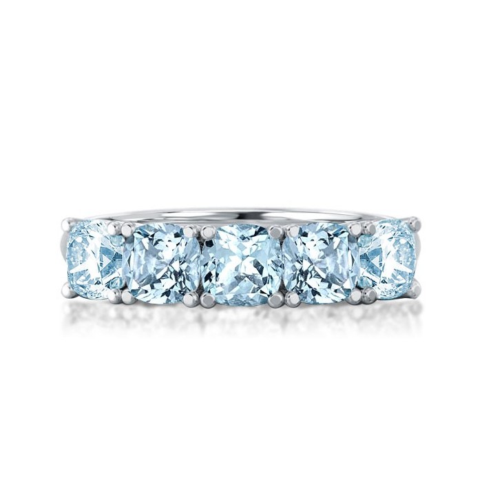 Half Eternity Five Stone Cushion Cut Aquamarine Ring Wedding Band Ring