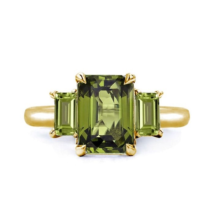Three Stone Emerald Cut Peridot Engagement Ring