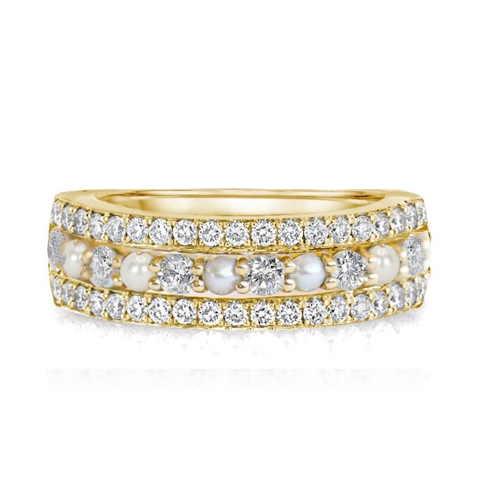 Yellow Gold Pearl & Round Cut Half Eternity Wedding Band