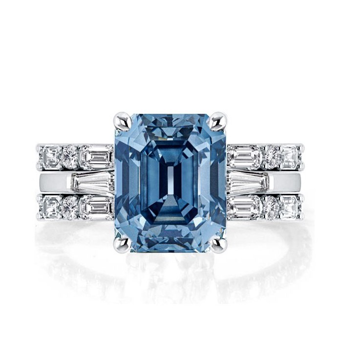 Italo Emerald Cut Three Stone Blue Topaz Engagement Rings Sets