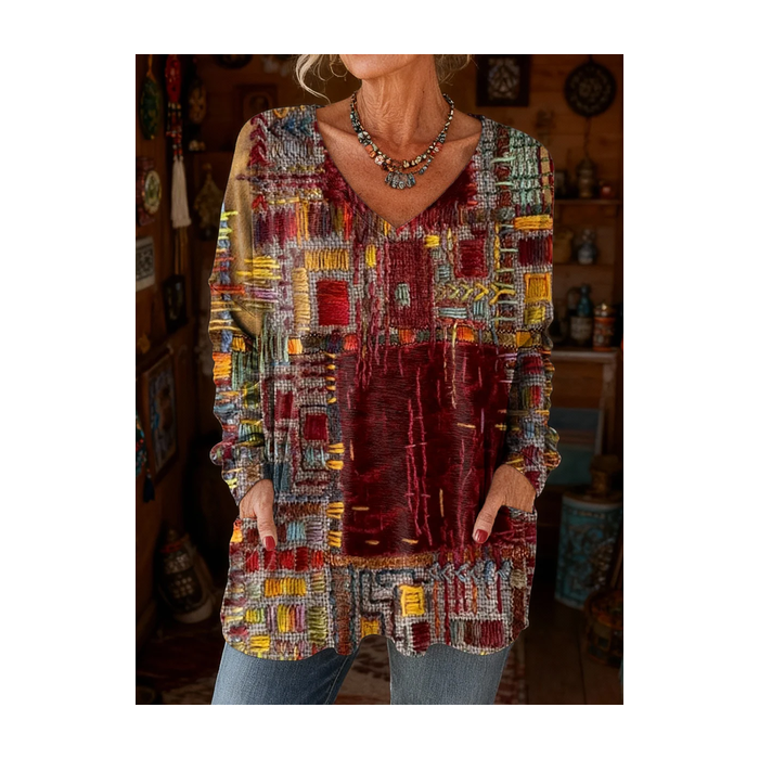 Women Abstract Long Sleeve Tee T-shirt V Neck Printing Vintage Spring/Fall Top