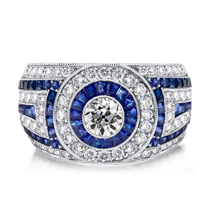 Antique Blue Sapphire Milgrain Vintage Engagement Ring Halo Engagement Ring