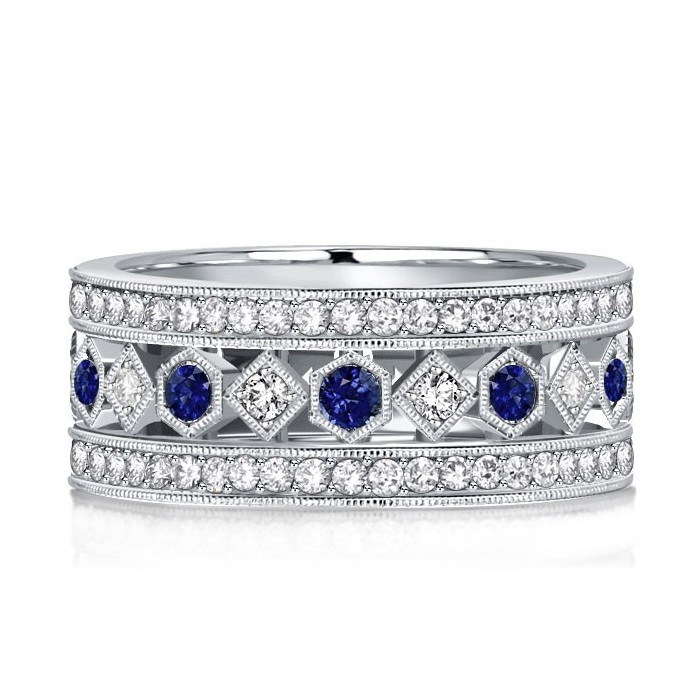 Vintage Milgrain Blue Sapphire Eternity Wedding Band For Women