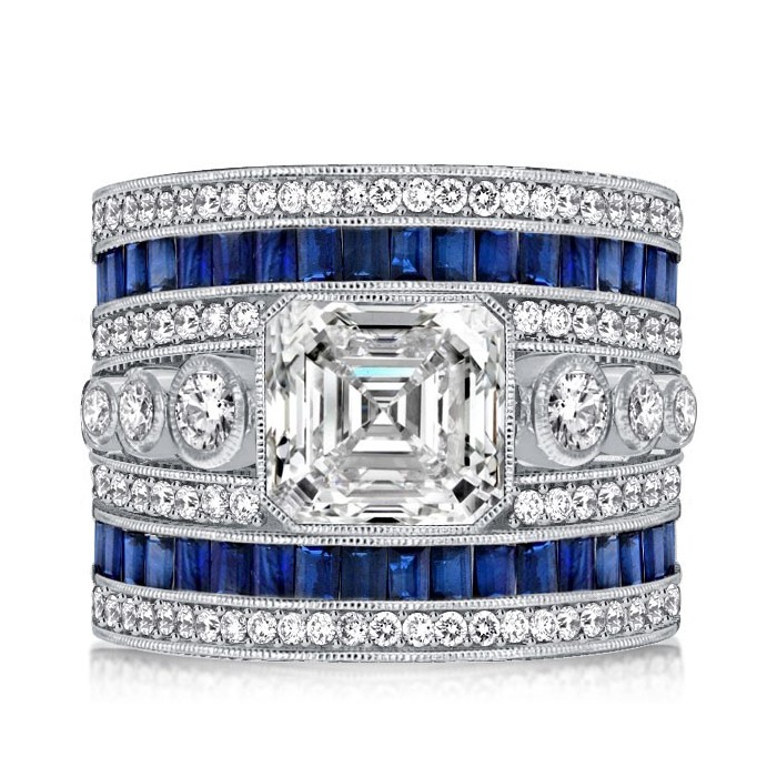 Italo Asscher Cut Blue Sapphire Art Deco Ring Cocktail Ring