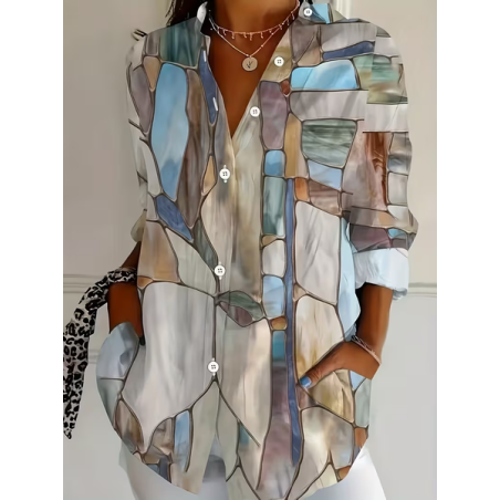 Women Abstract Long Sleeve Shirt Spring/Fall Buckle Shirt Collar Regular Sleeve Daily Casual Top
