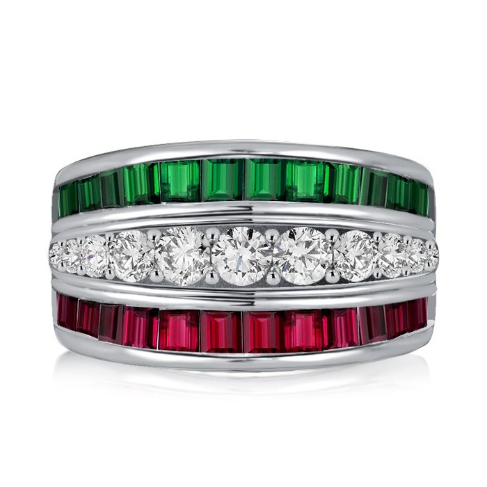 Italo Triple Row Emerald Green Wedding Band Ruby Ring