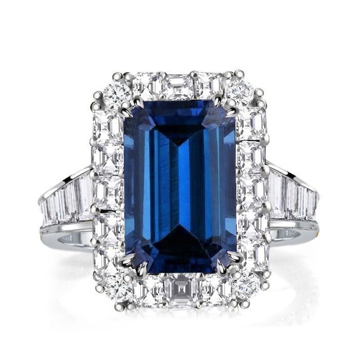 Italo Blue Sapphire Emerald Cut Engagement Ring Halo Ring