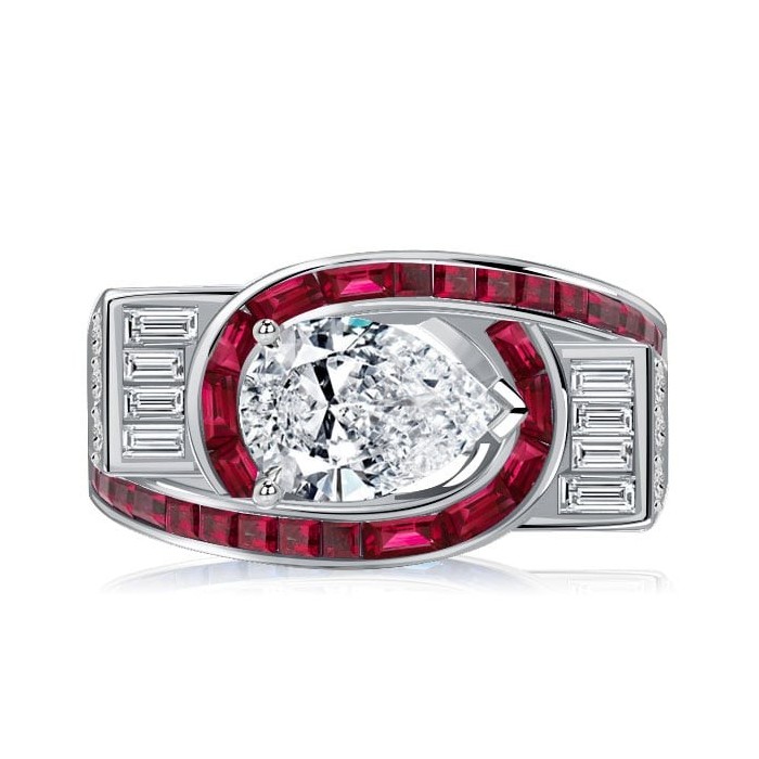 Italo Art Deco Pear Shaped Ruby Engagement Ring For Women
