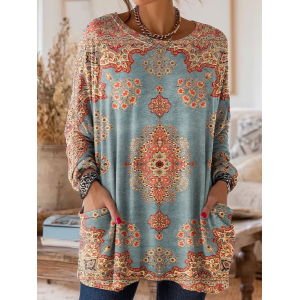 Women's Long Sleeve T-shirt Spring/Fall Blue Floral Printing Crew Neck Daily Going Out Vintage Top