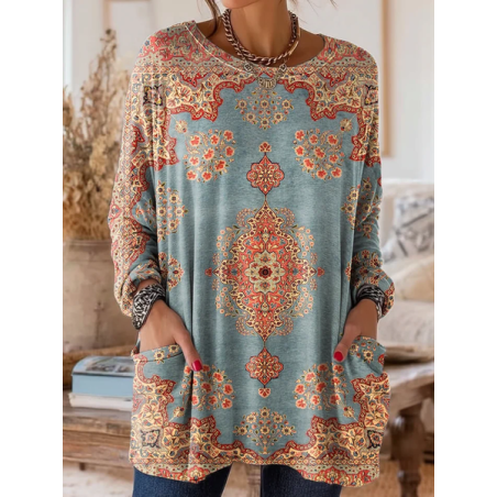Women's Long Sleeve T-shirt Spring/Fall Blue Floral Printing Crew Neck Daily Going Out Vintage Top
