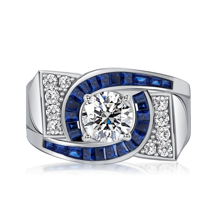 Italo Art Deco Round Cut Blue Sapphire Engagement Ring For Women
