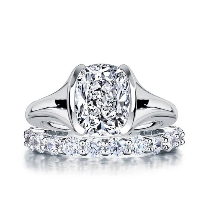 Italo Half-bezel Solitaire Cushion Cut Engagement Ring Sets For Women