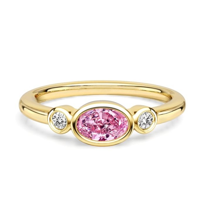 Italo Bezel Setting Oval Cut Pink Sapphire Three Stone Engagement Rings